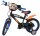 Schwarzes Kinderfahrrad mit blauen und orangefarbenen Akzenten, Rennmotiven