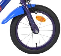 Blaues Kinderfahrrad mit lila Reifen und Reflektor am Vorderrad