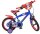 Blaues Kinderfahrrad mit roten Details und Comic-Motiven