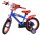 Blaues Kinderfahrrad mit roten Akzenten und Comic-Motiv am Lenker