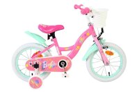 Rosa Kinderfahrrad mit Korb und bunten Motiven