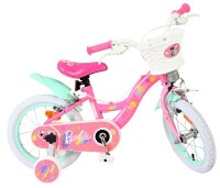 Rosa Kinderfahrrad mit Korb und bunten Barbie-Motiven