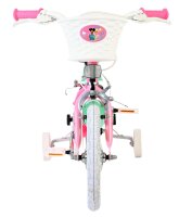 Rosa Kinderfahrrad mit Korb und Stützrädern, vordere Ansicht