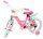 Rosa Kinderfahrrad mit Korb und bunten Details, zwei Rädern