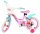 Rosa Kinderfahrrad mit Korb, weißen Reifen und bunten Aufklebern