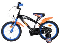 Schwarzes Kinderfahrrad mit orangefarbenen und blauen Akzenten, 16 Zoll Räder