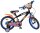 Schwarzes Kinderfahrrad mit orange-blauen Akzenten und Rennmotiven