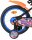 Buntes Kinderfahrrad mit orangefarbenem Schutzblech und auffälligem Reifenmuster