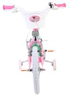 Kinderfahrrad in Pink und Grün mit weißem Korb und Stützrädern