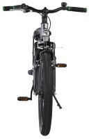 Schwarzes Fahrrad mit robustem Reifen und klarer Frontansicht