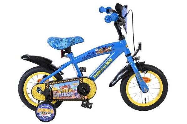 Blaues Kinderfahrrad mit gelben Reifen und Rubble & Crew Design