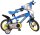 Blaues Kinderfahrrad mit gelben Reifen und Comic-Motiv