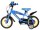 Blaues Kinderfahrrad mit gelben Reifen und Comic-Motiven auf dem Sattel