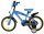 Blaues Kinderfahrrad mit gelben Reifen und Comic-Motiv auf dem Sattel