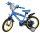 Blaues Kinderfahrrad mit gelben Reifen und Comic-Motiv