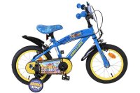 Blaues Kinderfahrrad mit gelben Reifen und buntem Sattel