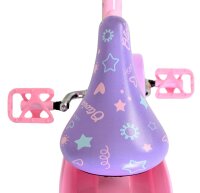 Rosa Kinderfahrrad mit lila Sattel und bunten Mustern