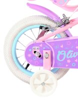 Rosa Kinderfahrrad mit weißen Reifen und bunten...