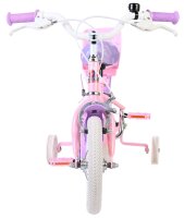 Rosa Kinderfahrrad mit zwei Rädern und Stützrädern vorne