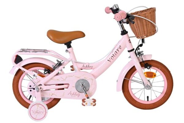 Rosa Kinderfahrrad mit Korb, braunem Sattel und Stützrädern