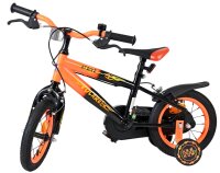 Schwarzes Kinderfahrrad mit orangefarbenen Akzenten und stabilen Reifen