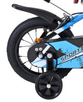 Hinterrad eines Kinderfahrrads mit Stützrad und schwarzem Reifen