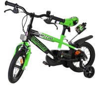 Kinderfahrrad in Grün und Schwarz mit Stützrädern und Wasserflasche