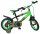 Grünes Kinderfahrrad mit schwarzen und gelben Designelementen und Stützrädern