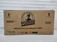 Kartonverpackung für ein Fahrrad mit Logo und Warnhinweisen