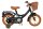 Schwarzes Kinderfahrrad mit Korb, braunen Details und Stützrädern