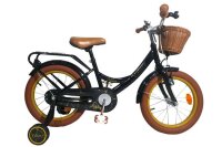 Schwarzes Kinderfahrrad mit Korb, braunem Sattel und...