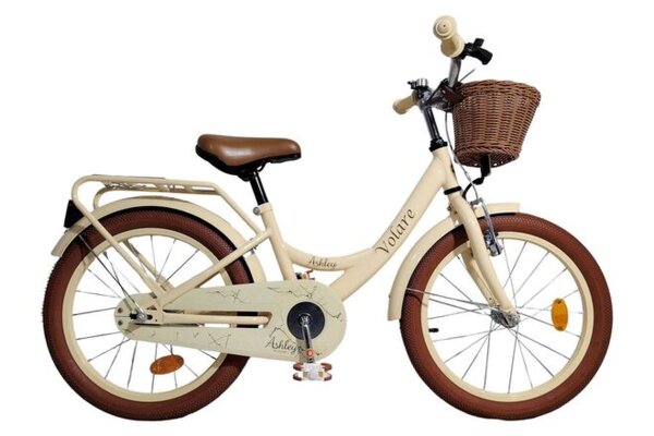Beige Kinderfahrrad mit Korb, braunem Sitz und dicken Reifen