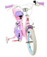 Rosa Kinderfahrrad mit weißen Reifen und buntem Sattel