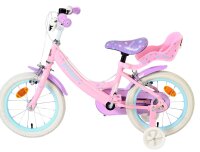 Rosa Kinderfahrrad mit weißen Reifen und Sitz für eine Puppe