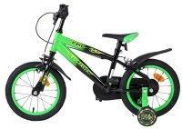 Kinderfahrrad in Schwarz und Grün mit Stützrädern und 16-Zoll-Reifen