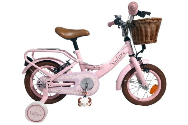 Rosa Kinderfahrrad mit Korb und Stützrädern, brauner Sitz