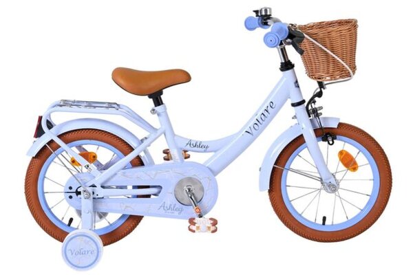 Kinderfahrrad in Blau mit Korb und braunen Reifen