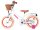 Weißes Kinderfahrrad mit Korb, braunem Sattel und pinken Reifen