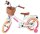 Weißes Kinderfahrrad mit Korb, braunen Griffen und pinken Reifen