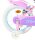 Rosa Kinderfahrrad mit weißen Reifen und Stützrädern, bunte Verzierungen