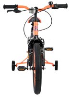 Fahrrad mit orangefarbenem Rahmen und stabilen Trainingstrollen hinten
