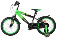 Schwarzes Kinderfahrrad mit grünen Akzenten und Stützrädern