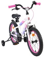 Weißes Kinderfahrrad mit pinken Griffen und Stützrädern