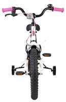 Kinderfahrrad mit pinken Griffen und Stützrädern, schwarze Reifen
