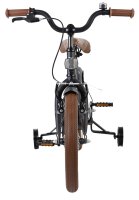 Schwarzes Kinderfahrrad mit braunen Griffen und Stützrädern