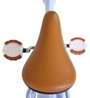 Braunes Fahrradsattel mit weißen Handgriffen und blauer Rahmenfarbe