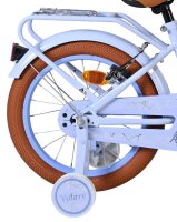Hinterrad eines Fahrrads mit braunem Reifen und blauer Felge