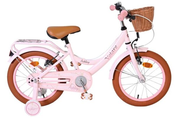 Rosa Kinderfahrrad mit Korb und braunen Reifen