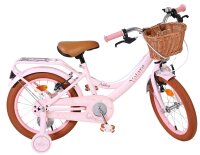 Rosa Kinderfahrrad mit Korb und braunem Sattel, stabiler Rahmen