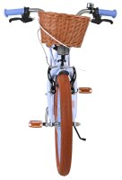 Fahrrad mit Korb, blauen Griffen und braunen Reifen von vorne sichtbar